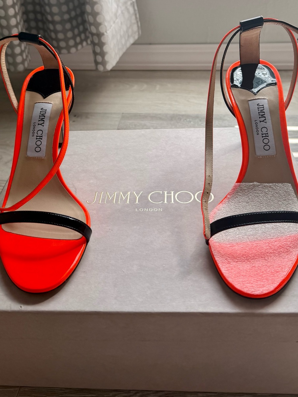 Jimmy Choo Neon Orange and Black Strappy High-Heel Sandals